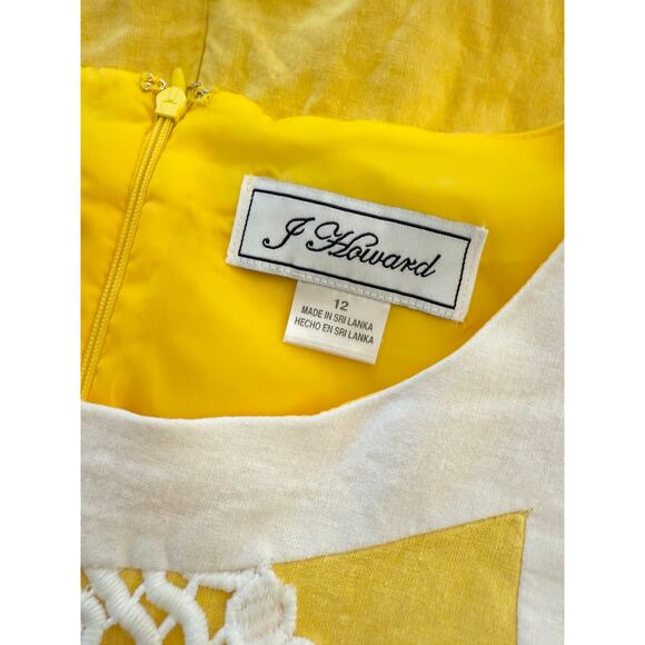 Jessica J Howard Sleeveless Linen Yellow White Shift Dress 12 Wide Lace Preppy - Picture 2 of 13